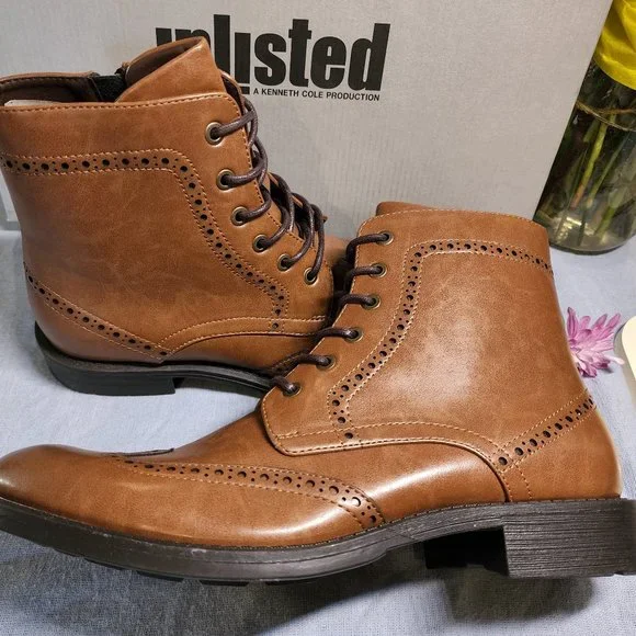 Kenneth Cole Lace-up Unlisted Boots with Zipper- Pebble Leather Size 9.5M
